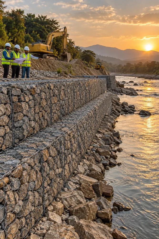 Gabion and riverbank construction works